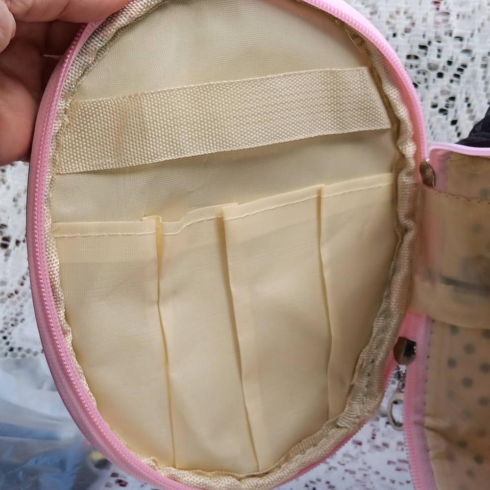 🆕️EXTRA LARGE VINTAGE PINK & BLACK POLKA DOT ZIPPERED COSMETIC BAG WITH POCKETS - Picture 13 of 16